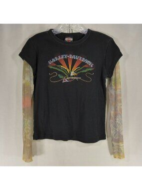 Harley Davidson Womens S Tattoo Mesh Sleeve Shirt Eagle New Castle PA Y2K Biker